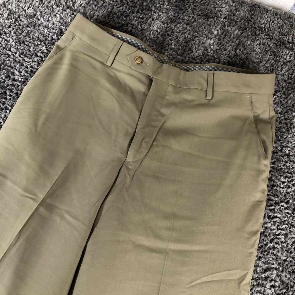Turtleson Dress Pants Mens 34R Beige Wool Flat Front Business Formal Office